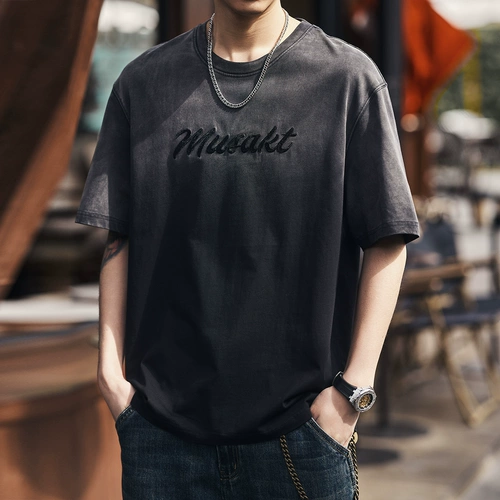 格蓝鹿 Ретро хлопковая футболка с коротким рукавом, в американском стиле, оверсайз, градиент