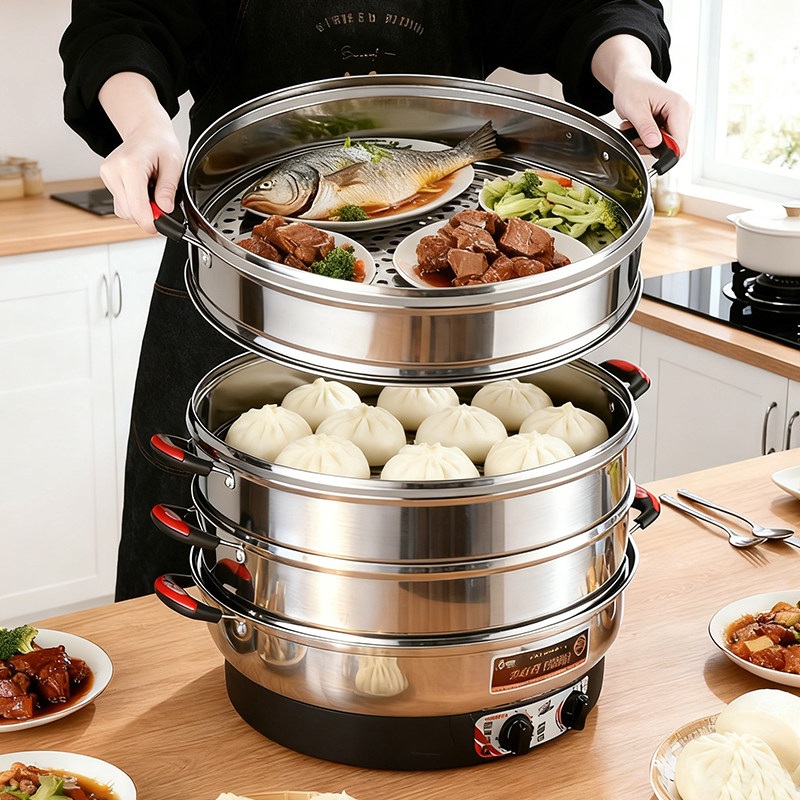 Electric Steamer, All-In-One Multi-Function Automatic Electric Steamer, Anti-Dry Burning, Timed Heat Preservation, Large Capacity, Household and Commercial Pot
