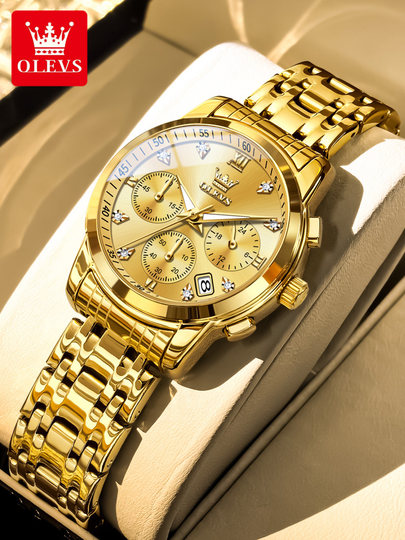 Swiss Oulisi Exquisite Three-Eye Dial Watch, New Model for Women, Small Gold Watch, Light Luxury Waterproof Brand-Name Women's Watch