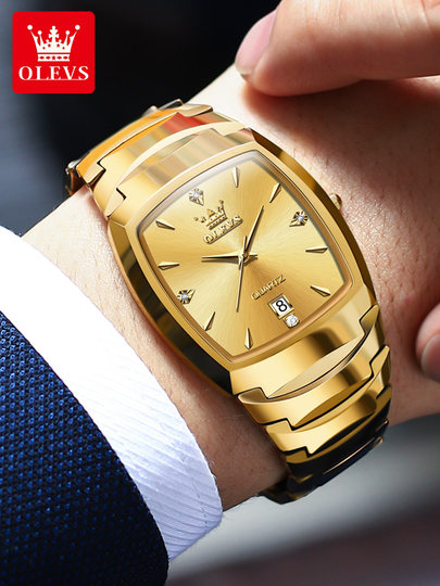 Swiss Oris Gold Watch Men's Barrel-Shaped Watch Men's Waterproof Tungsten Steel Square Watch Gold Color Fashionable Genuine Product