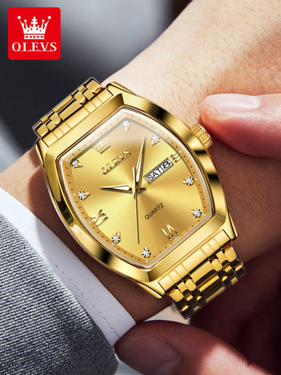 瑞士欧利时方表男士名牌手表男款石英金色防水酒桶型男表时尚新款