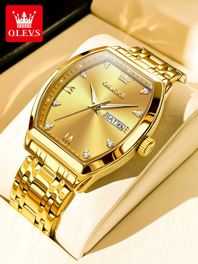 瑞士欧利时方表男士名牌手表男款石英金色防水酒桶型男表时尚新款