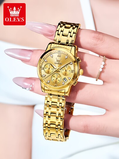 Swiss Oulisi Exquisite Three-Eye Dial Watch, New Model for Women, Small Gold Watch, Light Luxury Waterproof Brand-Name Women's Watch