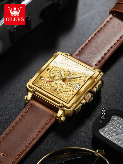 瑞士欧利时品牌男士气质大表盘手表方形石英男表防水皮带金色方表