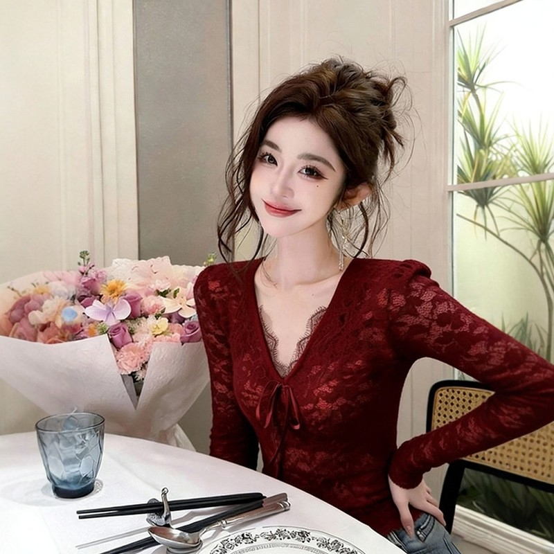 New Year's Red Lace Top for Women, Light Luxury, Age-Reducing, Stylish New Year's Shirt, French Style, Unique Design, Elegant Inner Top