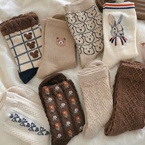 Earth Colored Socks Female Midtubes Socks ins Chains Cotton Spring Autumn Day Series Cartoon Heaps Socks Socks and Winter Long Sox Women