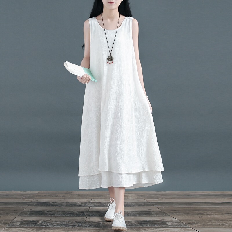 Brand Clearance Sale Discount Simple Lace-Up Linen White Dress Women's Cotton-Linen Double-Layer Sleeveless Tank Dress Thin