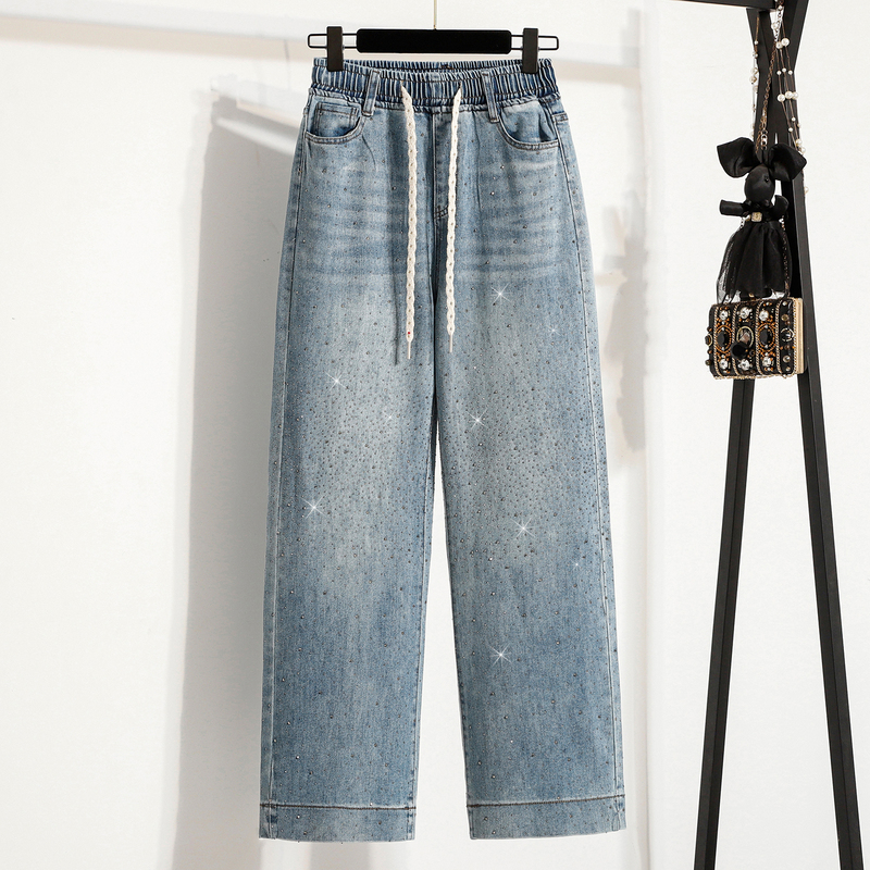 Trendy Design with Rhinestones and Starry Sparkle, Women's Spring Plus-Size Elastic Waist Tie Casual Wide-Leg Jeans