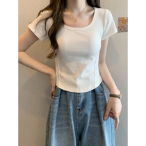 White round neck short-sleeved t-shirt for women 2024 summer new solid color sweet and spicy short slim fit inner top