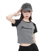American retro contrast color right shoulder short-sleeved T-shirt for women summer slim fit short top pure cotton navel exposed hottie t-shirt for women