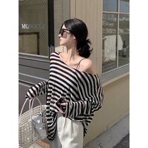One-line collar off-shoulder striped long-sleeved sunscreen T-shirt for women summer thin ice silk knitted air-conditioning blouse short top
