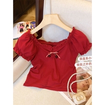 Dopamine red cherry bow short-sleeved T-shirt womens summer chic and beautiful one-shoulder top with earrings