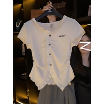 大码白色小飞袖短袖T恤夏季新款2024年不规则蝴蝶木耳边压褶上衣