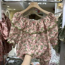 Fat mm plus size 300 pounds French tea break Platycodon light mature style floral short-sleeved T-shirt womens word collar off-shoulder ruffles