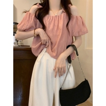 粉色一字肩短袖衬衫女夏短款法式泡泡袖音乐节穿搭小个子露肩上衣