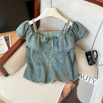 French one-shoulder suspender denim shirt for women in summer ruffled chic and beautiful blouse short flying sleeve top