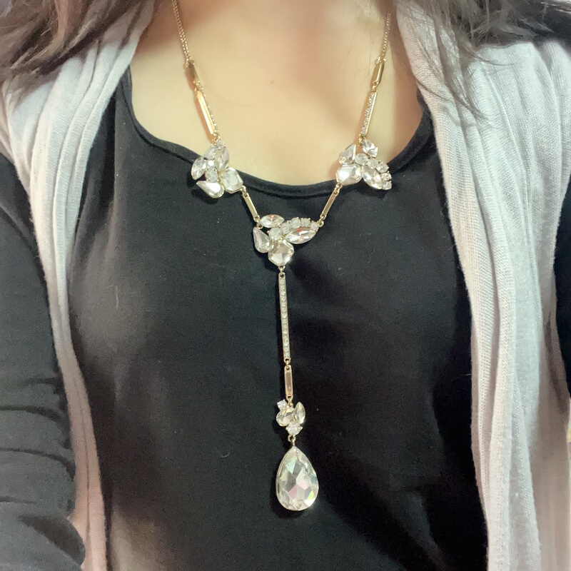 Brand New with Tags, European and American Inc Brand Y-Shaped Sweater Necklace with Teardrop-Shaped White Rhinestones, Alloy with Minor Imperfections, No Returns or Exchanges