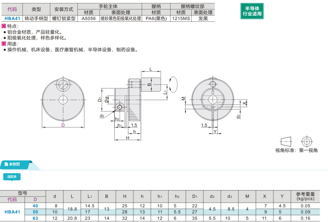 Маховик 怡合达铝合金压纹手轮 hba51 hba41-d40/d50/d63 带螺纹孔 带缺口