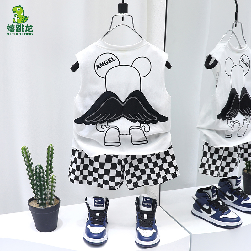 Boys summer vest suit 2022 new summer clothes Western style thin cartoon two-piece children's sleeveless clothes trend