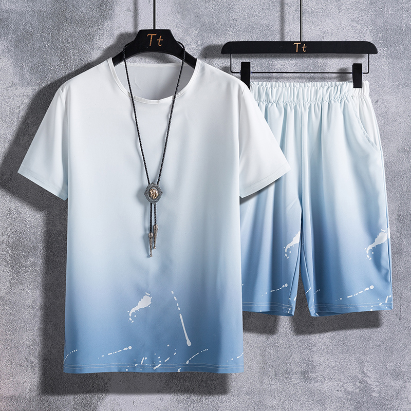 Junior High School Student Pajamas Men's Ice Silk Short-Sleeved Suit Summer Youth Boys Summer Round Neck Quick-Drying Home Clothes