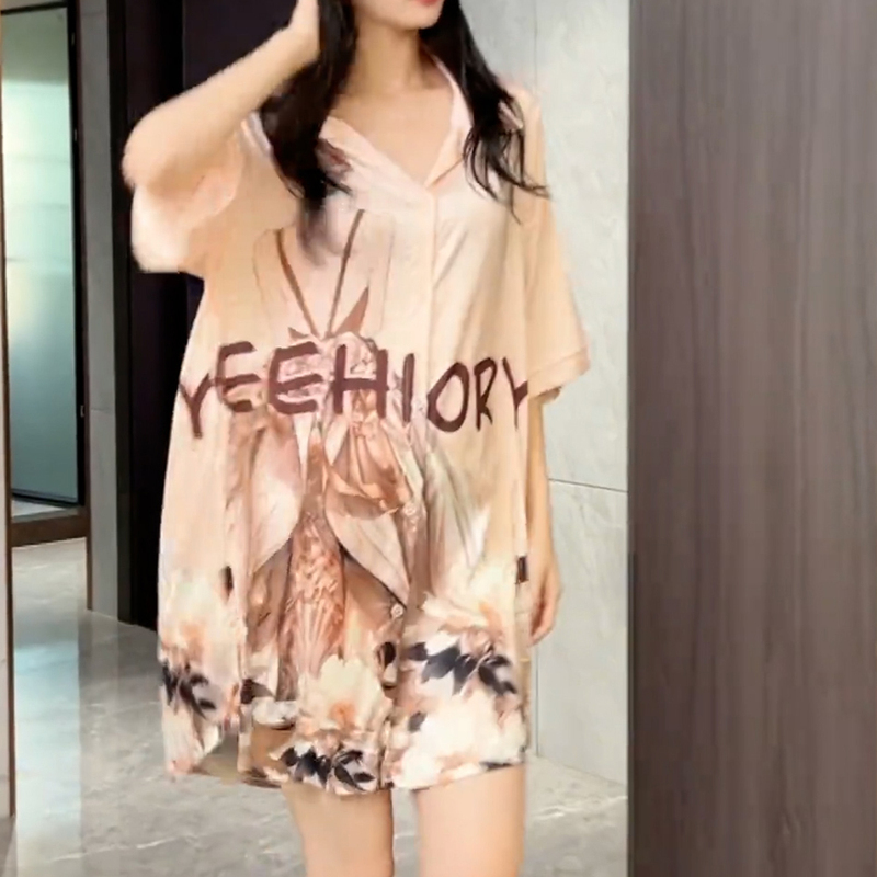 Yuanxiang 2026 Summer Ice Silk Romantic Wedding Dress Short Sleeve Mid-Length Nightgown New Women's Thin Front Button Homewear