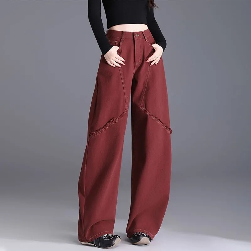 Burgundy Wide-Leg Jeans for Women, 2026 New Spring and Autumn High-Waisted Slim-Fit Narrow Straight-Leg Pants, Curved Pants