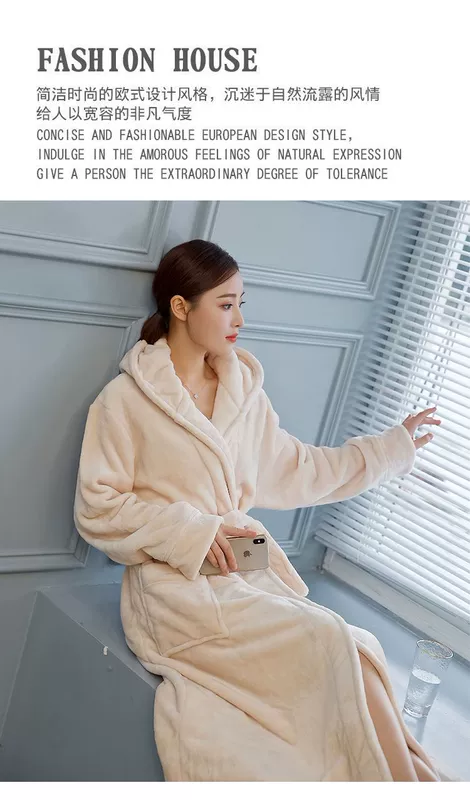 Mùa đông đôi flannel robe san hô lông cừu dài tăng dày áo choàng trùm đầu đến mắt cá chân ấm áp dịch vụ nhà