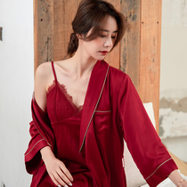 Sexy morning gown female summer bride bridesmaid thin silk wedding red robe wedding wine red ice silk pajamas set