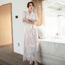 Korean version of retro sexy lace summer nightdress simulation silk thin elegant pajamas female spring and autumn ice silk robe set
