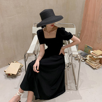 French retro Hepburn style square collar dress black women summer light mature black dress waist thin and noble long dress