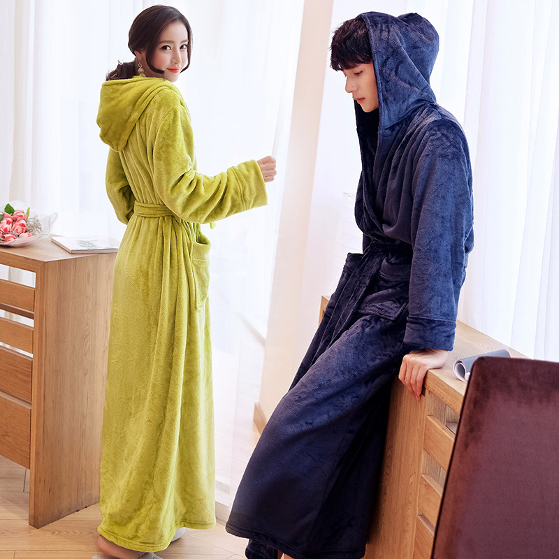 Lengthened to ankle flannel long version of sleeping robe female winter thickened lovers Coral Suede Sleeping Clothes Autumn Men Overlong Bathrobe