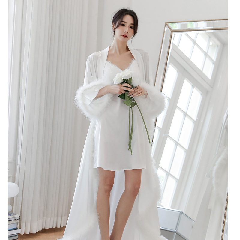 Sexy White Feather Floor-Length French Wedding Nightgown, Long High-End Nightgown with a Touch of Elegance Sexy White Feather Floor-Length French Wedding Nightgown, Long High-End Nightgown with a Touch of Elegance