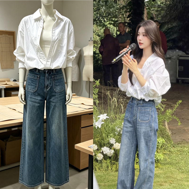 Zhao Lusi's Same Style Loose Short White Shirt for Women, Autumn Korean Style Long-Sleeve Shirt, High-Waisted Denim Wide-Leg Pants Set