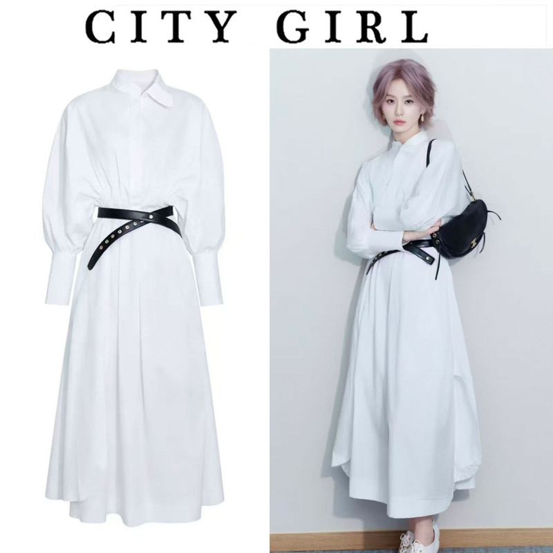 Liu Shishi's Same Style High-End White Long-Sleeve Shirt Dress for Women with a Belt, Waist-Cinching, Large Hem, Mid-Length, Suitable for Work Liu Shishi's Same Style High-End White Long-Sleeve Shirt Dress for Women with a Belt, Waist-Cinching, Large Hem, Mid-Length, Suitable for Work