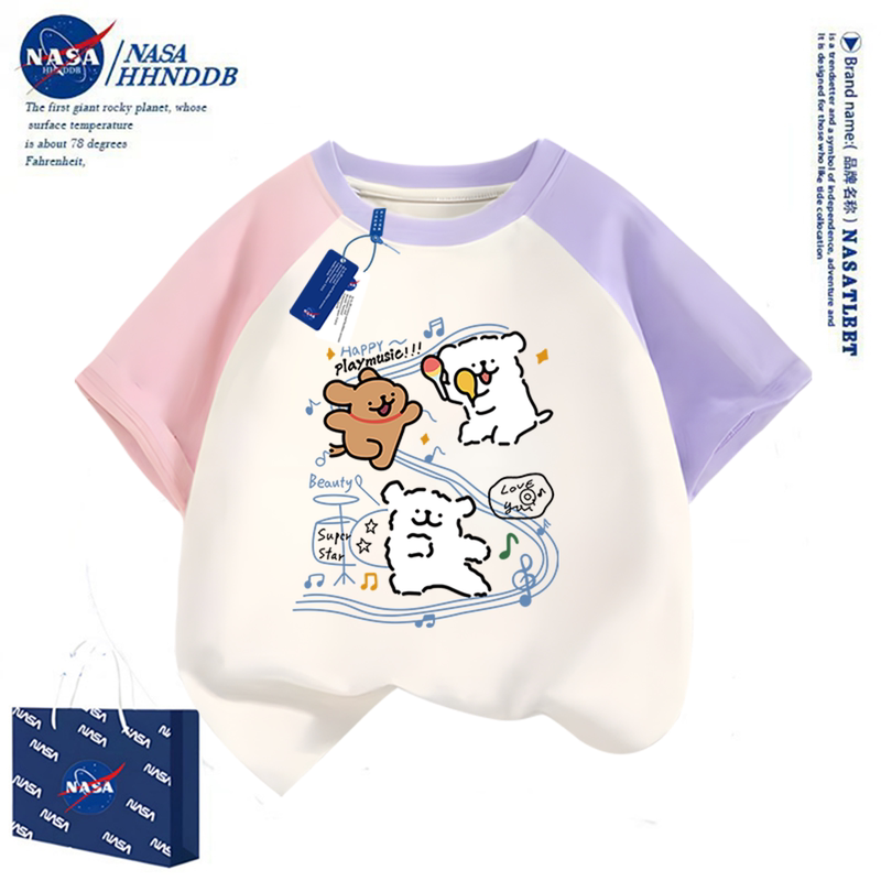Nasa Co-Branded Cartoon Line Art Puppy Girls' Short-Sleeve T-Shirt, Pure Cotton Patchwork, Loose Trendy Base Shirt Top