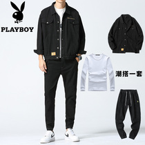 Playboy denim jacket mens spring and autumn tooling jacket mens suit Korean trend handsome casual three-piece set