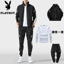 Flower Playboy Leisure Suite Mens Spring Fall Korean version Trend Mens outfit set with a handsome pair of three sets of clothing