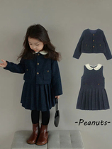 Girls Korean style woolen pleated dress two-piece set 2023 spring baby girl fashionable foreign style short coat suit
