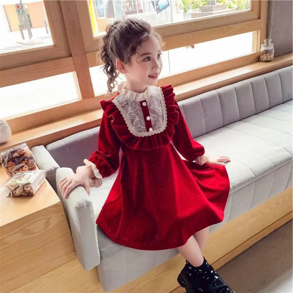 Girls dress spring and autumn dress 2022 new children's Korean version velvet princess dress girl red lace skirt - Taobao