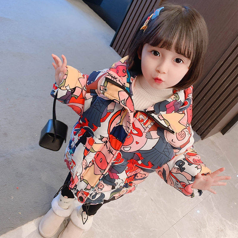 Girls' winter cotton-padded clothes 2022 new foreign style children's winter cotton-padded clothes for girls graffiti long thick cotton-padded jacket