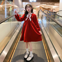 Girls princess dress 2023 early spring new foreign style bright silk sweet plus velvet thick fashionable middle and big childrens dress