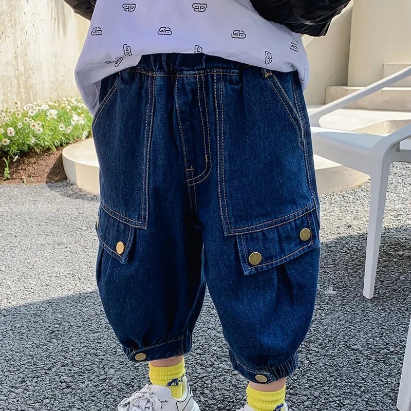 Children's clothing boys' jeans 2022 new spring and autumn large children's cotton overalls handsome nine-point pants