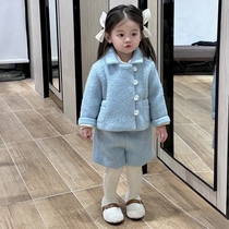 Korean childrens clothing autumn winter girl two small blue skinned coat of coat of yang doll collar suit
