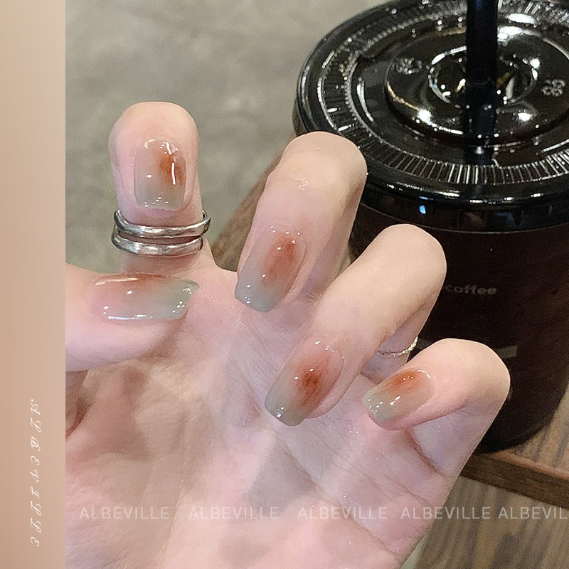 Mint Gradient High-Quality Wearable Nails, Whitening, Melange, Amber Finished Nail Art, Short Fake Nail Patches