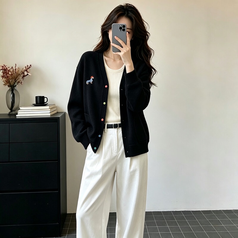 Black V-Neck Lazy Style Embroidered Sweater Cardigan for Women, Long-Sleeve Autumn/Winter 2026 New Loose-Fitting Youthful Top Black V-Neck Lazy Style Embroidered Sweater Cardigan for Women, Long-Sleeve Autumn/Winter 2026 New Loose-Fitting Youthful Top