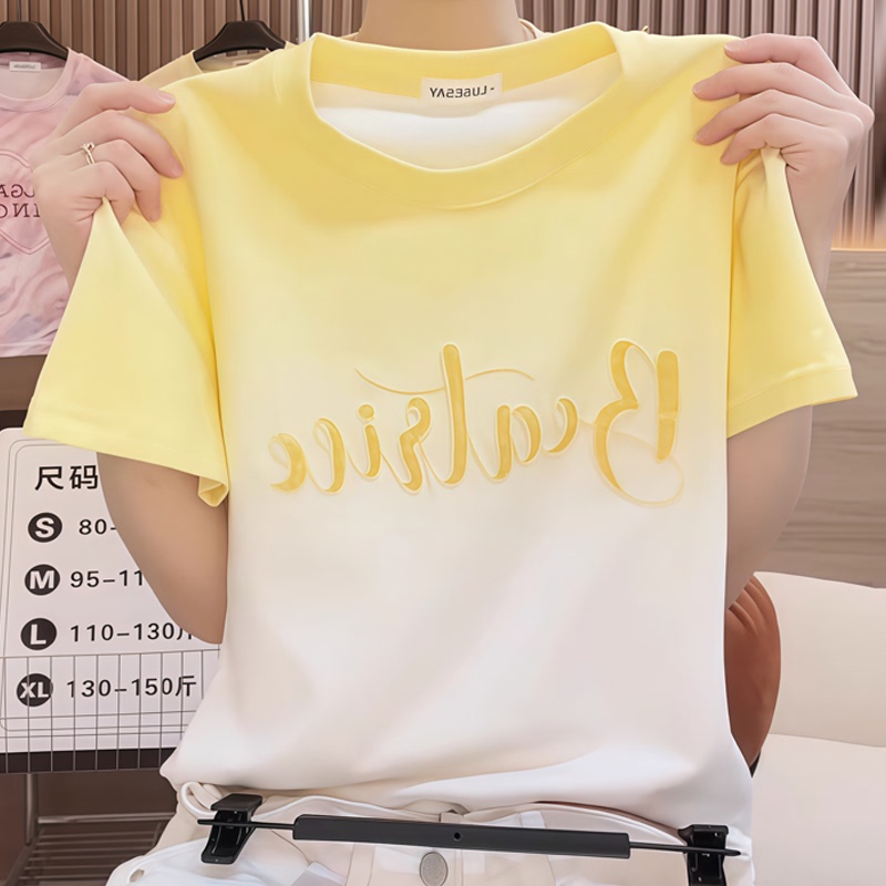Pure Cotton Gradient Color Letter Print Short-Sleeved T-Shirt for Women 2026 Summer New Loose Niche Fashion Casual Top