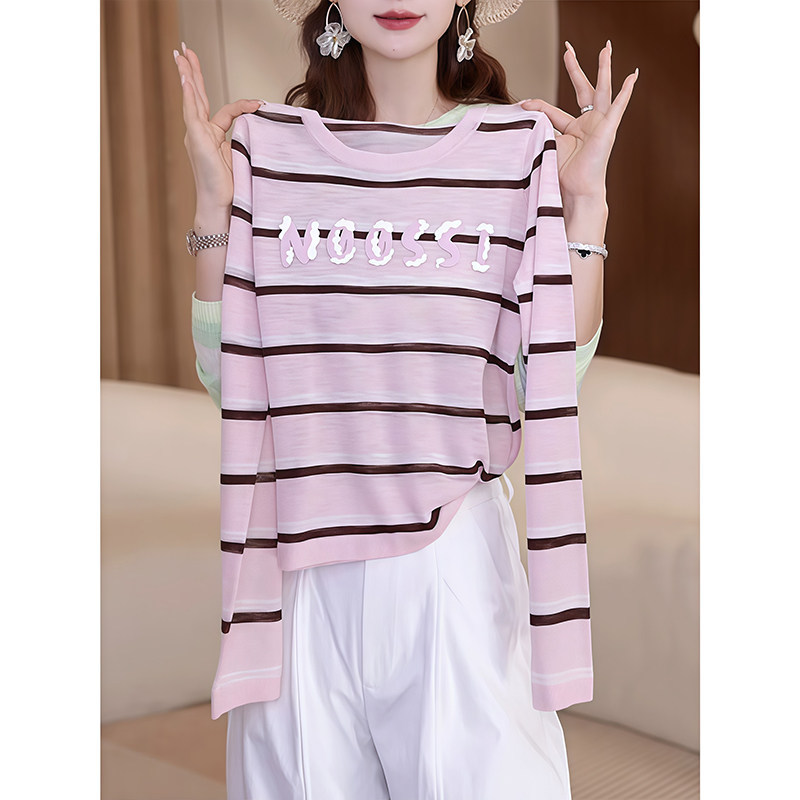 Pink Striped Letter Print Sun Protection Blouse for Women, Summer 2026 New Style, Loose Thin Long-Sleeved T-Shirt Top Pink Striped Letter Print Sun Protection Blouse for Women, Summer 2026 New Style, Loose Thin Long-Sleeved T-Shirt Top