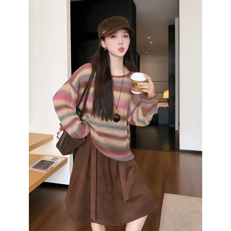 Lazy Style Rainbow Striped Knit Sweater and Skirt, Very Beautiful Early Autumn Two-Piece Set That Looks Slimming and Age-Reducing Lazy Style Rainbow Striped Knit Sweater and Skirt, Very Beautiful Early Autumn Two-Piece Set That Looks Slimming and Age-Reducing