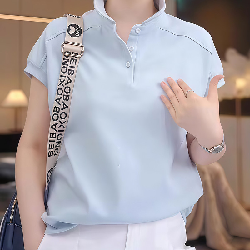 纯棉时尚减龄翻领短袖T恤女2026夏季爆款宽松显瘦简约设计感上衣