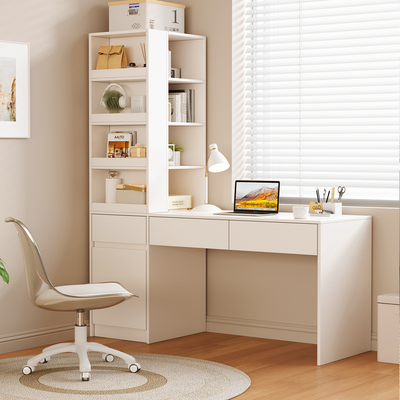 Solid Wood Desk and Bookshelf Integrated Corner Computer Desk, Cream Style Desk, Small Apartment Home Bookcase, Office Study Desk